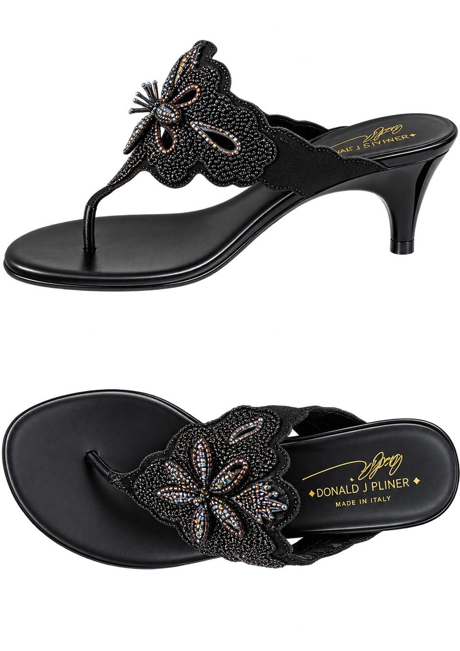 Donald Pliner Black Sequin Beaded Leather Shoe Sandal Thong T-Strap $325 NIB 11